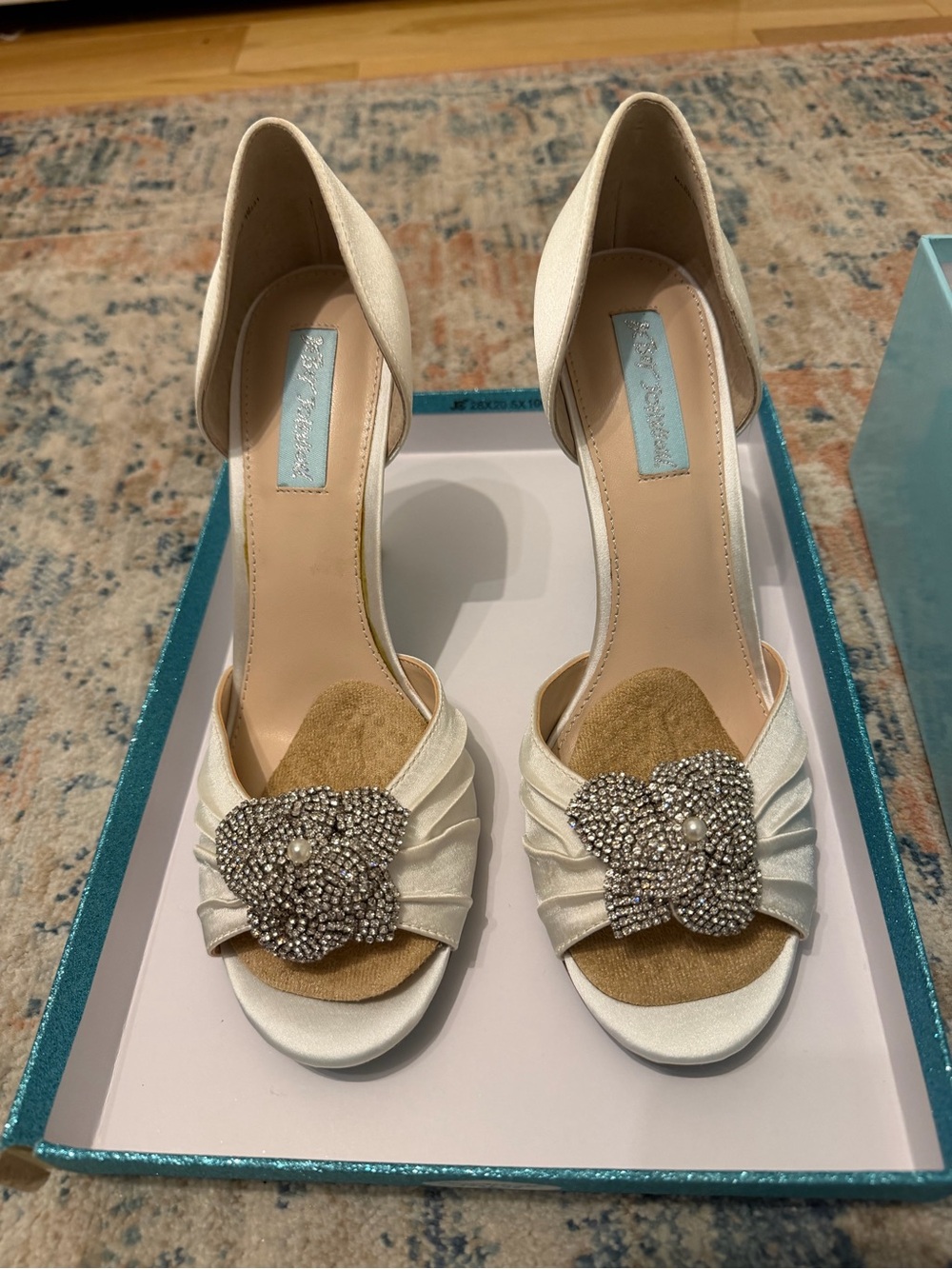 Betsey Johnson Cream Satin Peep-Toe Heels with Crystal Flower